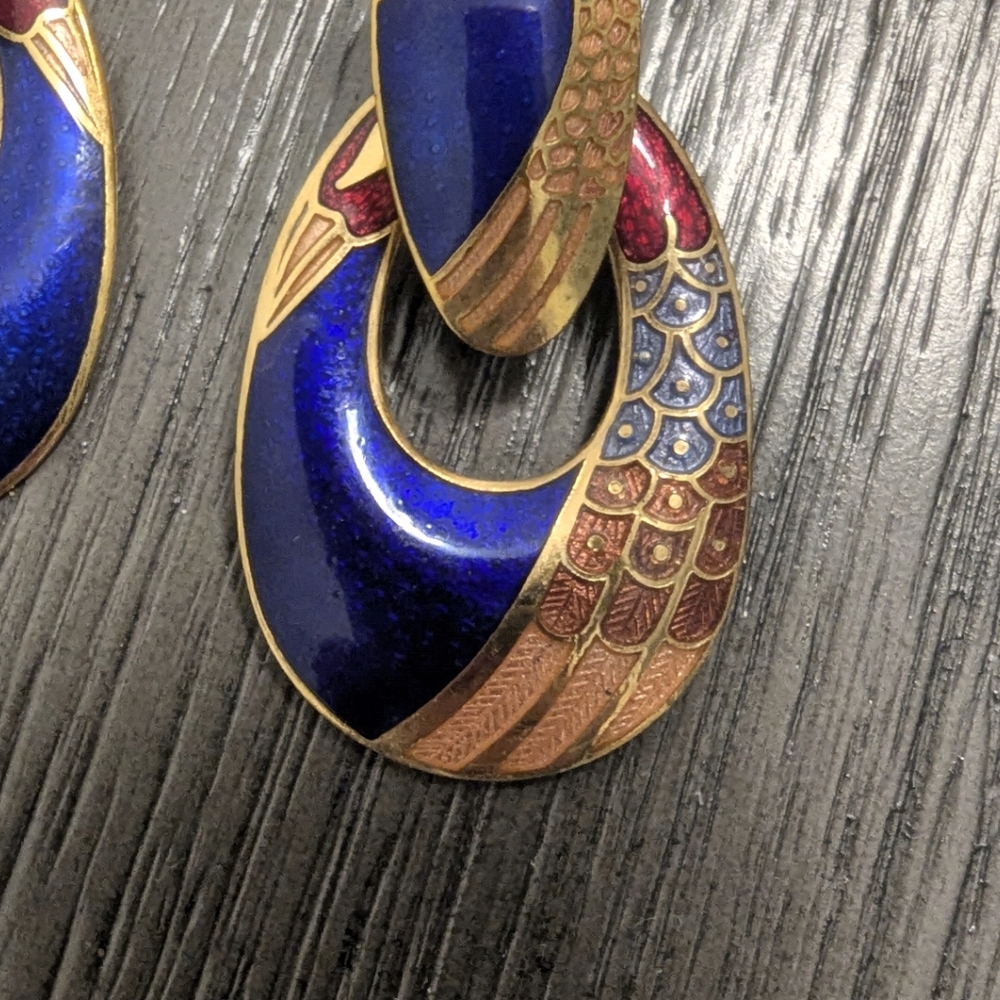 🐦 Vintage Cloisonné Enamel Crane Statement Earrings | 1970s Asian Motif - Picture 2 of 6